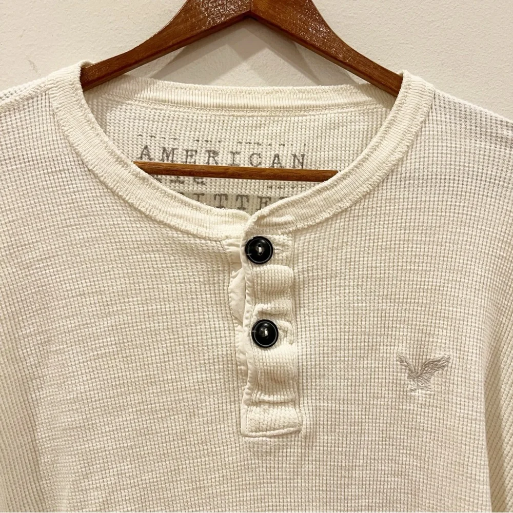American Eagle Shirt Mens Medium White Thermal Waffle Knit Henley Vintage Fit - Picture 3 of 8